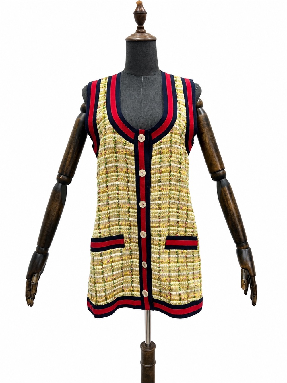 🚩steal Gucci Yellow Tweed Vest with Navy & Red Stripe Trim